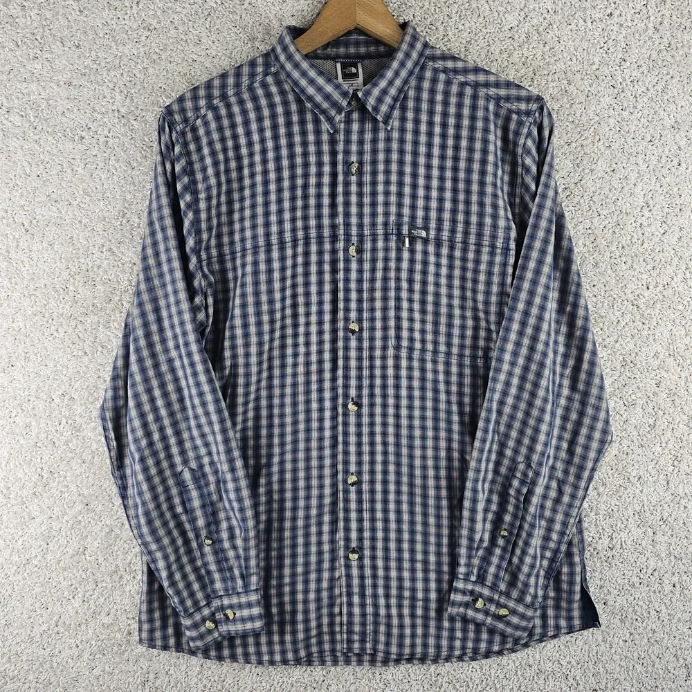 Vintage The North Face Hiking Button Up Plaid Front Zip Pocket Shirt Mens Large